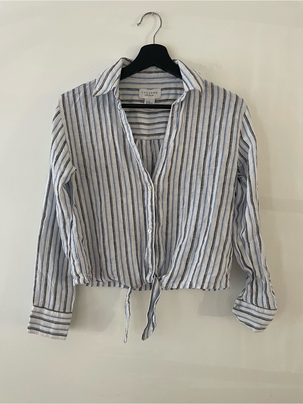 Calypso St. Barth Linen Blend Striped Tie Front Button Down Shirt Size XXL